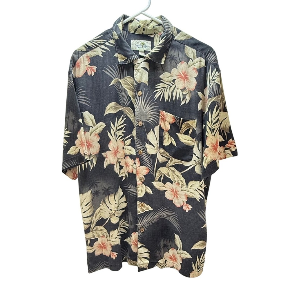 Island Shores Washable Silk Floral Hawaiian Shirt L Black Hibiscus Tropical Luau